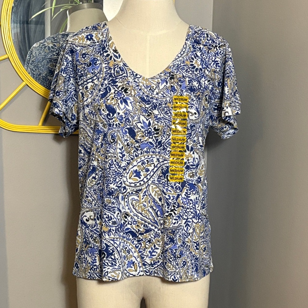 NEW Rafaella Medium Amparo Blue Paisley Short Sleeve Knit Top Shirt NWT